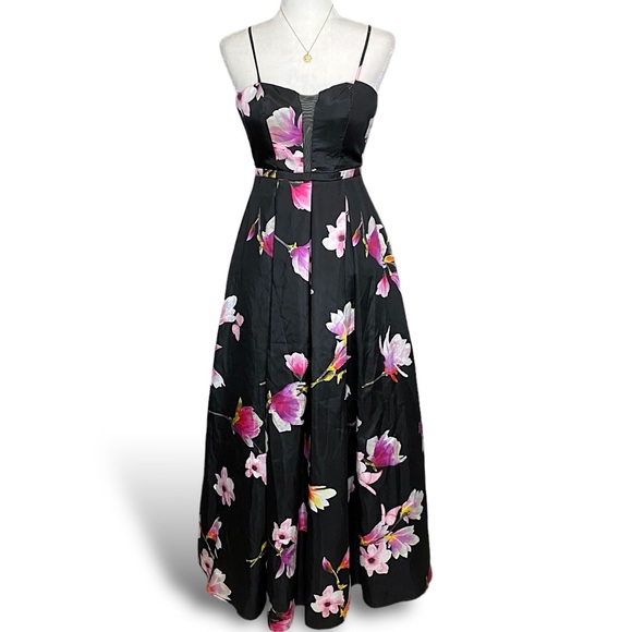 Boho Floral Formal A-Line Full Maxi Dress Black Sweetheart Long Coquette Gown - Picture 1 of 10